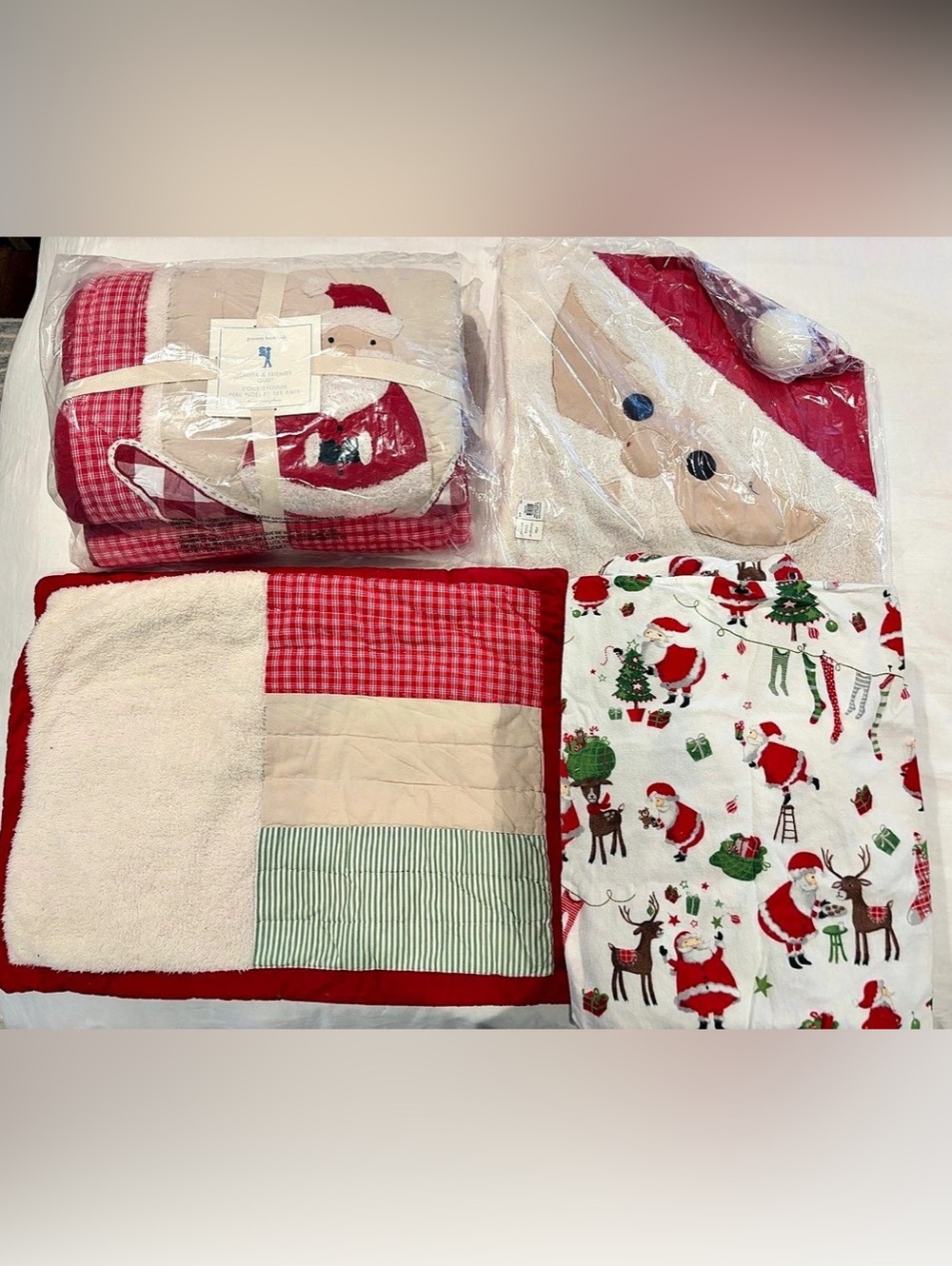 Pottery Barn Kids Heritage Santa Quilt Holiday Textile Set in Red & White NWT